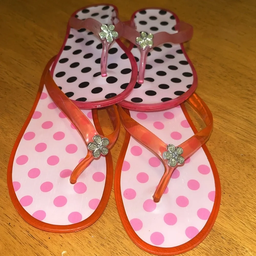 Girls Flip Flops size 1-2 Pink Black White Polka Dot Gem Flower Accent 2 Pair